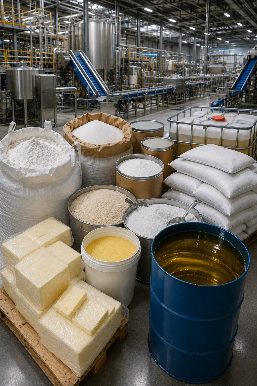 Bulk raw materials and industrial feedstock in a processing facility