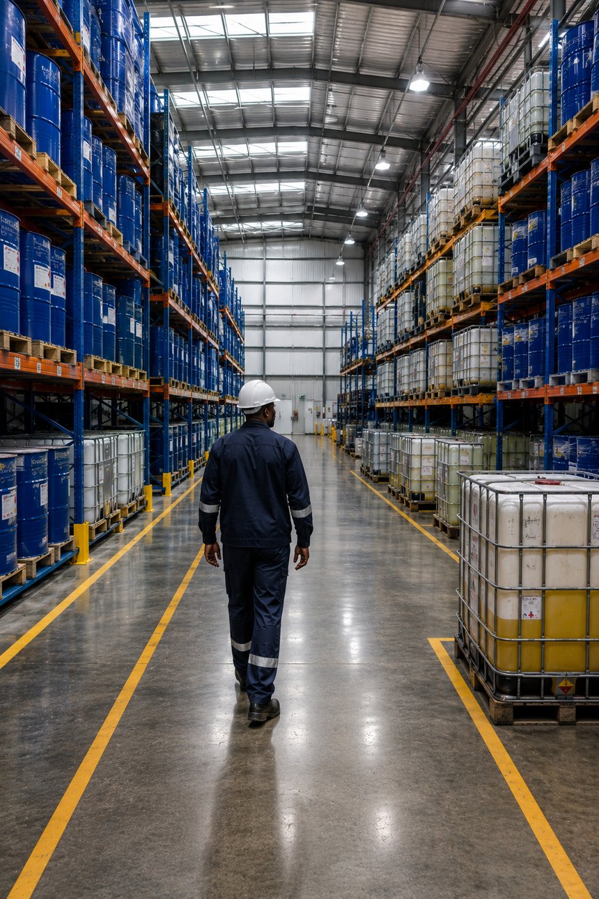 Worker in a hard hat walking through a chemical storage warehouse with drums and IBC totes