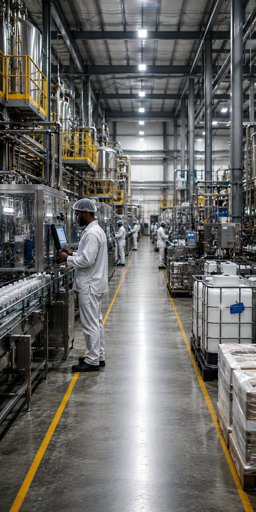 Operator monitoring a production line at a control panel inside a manufacturing plant